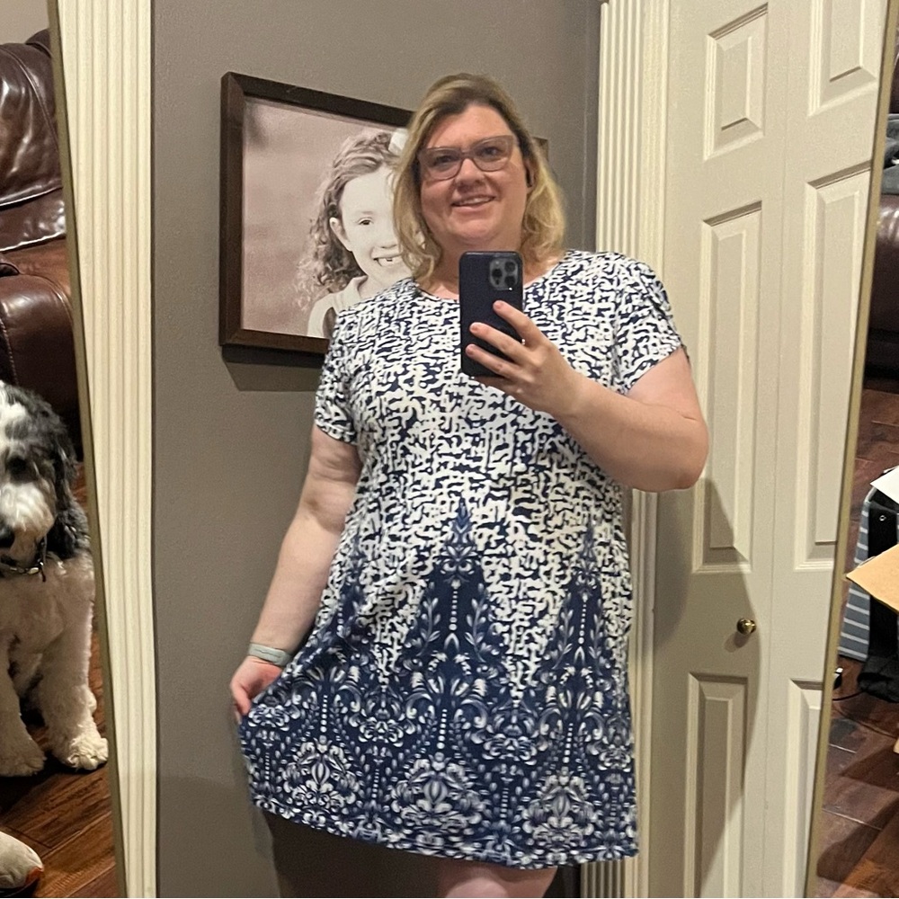 Blue And White Floral Geometric Print Dress By In’Voland, Size 22